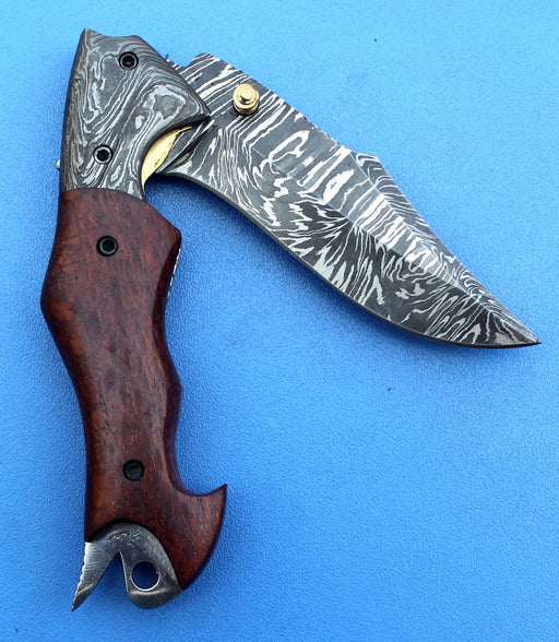 HTK -176 Damascus Folder / Hand Made / Custom / Lace Wood handle / Damascus steel bolster / Liner Lock - HomeTown Knives