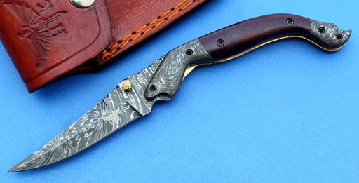 HTK -175 Damascus Folder / Hand Made / Custom / Purple Heart Wood handle / Damascus steel bolster / Liner Lock - HomeTown Knives