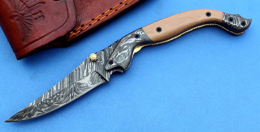 HTK -180 Damascus Folder / Hand Made / Custom / Purple Heart Wood handle / Damascus steel bolster / Liner Lock - HomeTown Knives