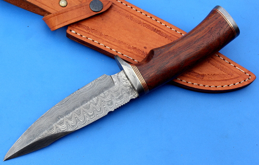 HTK-210 Damascus Knife custom handmade  Skinner /  Rose Wood Handle / Camping / Hunting - HomeTown Knives