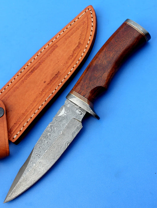 HTK-210 Damascus Knife custom handmade  Skinner /  Rose Wood Handle / Camping / Hunting - HomeTown Knives