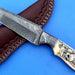 HTK - 212 Damascus  Knife / Custom / Hand Made  / Skinner / Hunting / Camping / Camel Bone Handle / Scrimshaw Art Work / Feather Pattern - HomeTown Knives