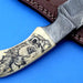 HTK - 213 Damascus  Knife / Custom / Hand Made  / Skinner / Hunting / Camping / Camel Bone Handle / Scrimshaw Art Work / Feather Pattern - HomeTown Knives