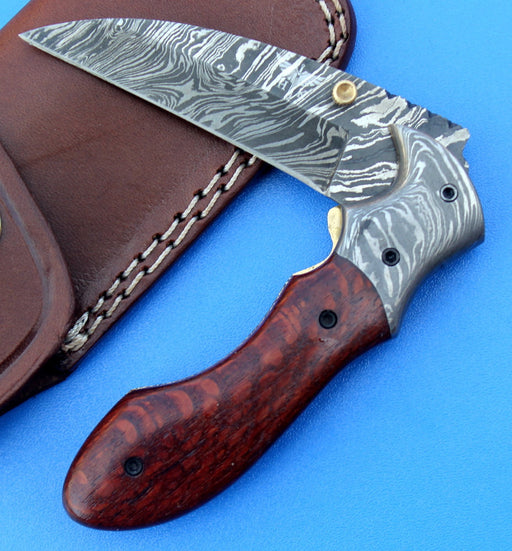 HTK - 216  Damascus Folder / Hand Made / Custom / Lace Wood handle / Damascus steel bolster / Liner Lock - HomeTown Knives