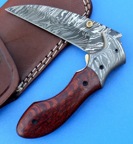 HTK - 216  Damascus Folder / Hand Made / Custom / Lace Wood handle / Damascus steel bolster / Liner Lock - HomeTown Knives