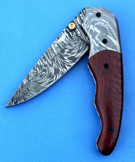 HTK - 217  Damascus Folder / Hand Made / Custom / Lace Wood handle / Damascus steel bolster / Liner Lock - HomeTown Knives