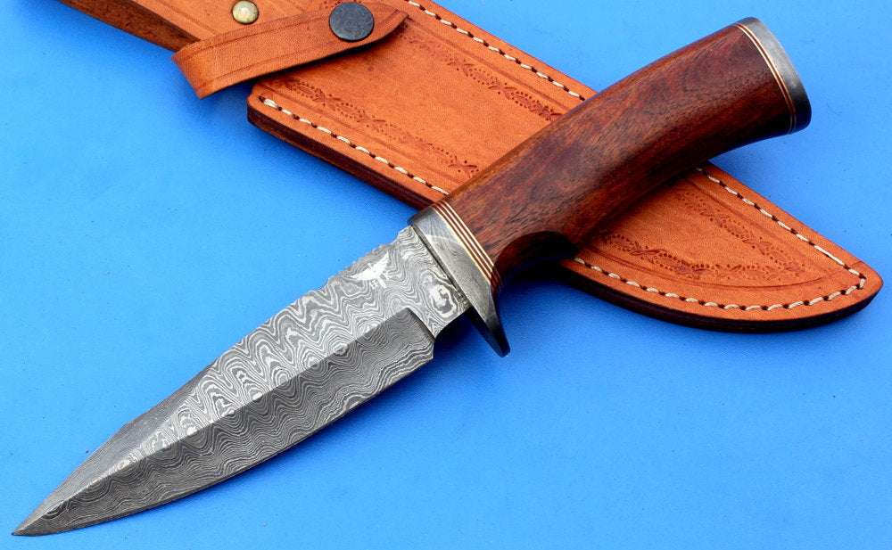 HTK-210 Damascus Knife custom handmade  Skinner /  Rose Wood Handle / Camping / Hunting - HomeTown Knives