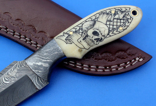HTK - 212 Damascus  Knife / Custom / Hand Made  / Skinner / Hunting / Camping / Camel Bone Handle / Scrimshaw Art Work / Feather Pattern - HomeTown Knives