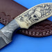 HTK - 212 Damascus  Knife / Custom / Hand Made  / Skinner / Hunting / Camping / Camel Bone Handle / Scrimshaw Art Work / Feather Pattern - HomeTown Knives