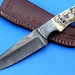 HTK - 213 Damascus  Knife / Custom / Hand Made  / Skinner / Hunting / Camping / Camel Bone Handle / Scrimshaw Art Work / Feather Pattern - HomeTown Knives