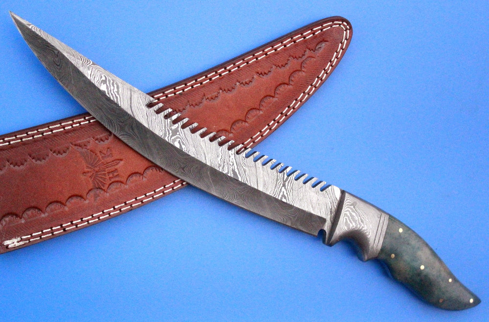 HTK 221 Damascus Persian FIELD Knife / Handmade / Custom / Forged / Bull Horn / Hand Filed Spine / Camping - HomeTown Knives