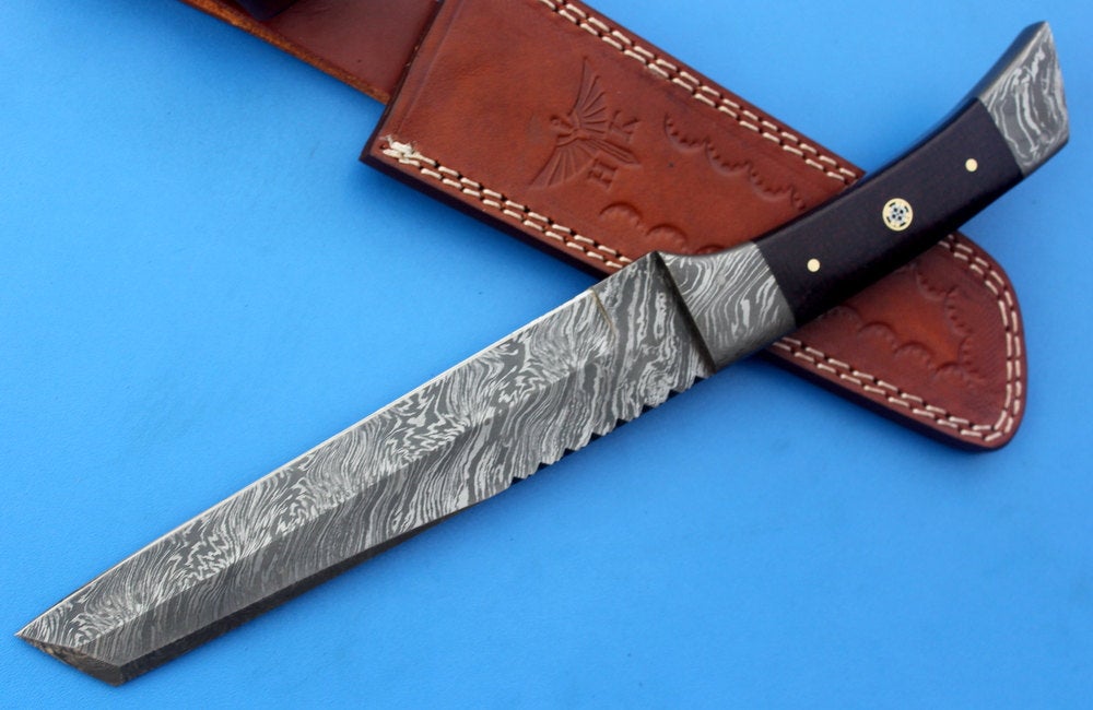 HT-61 Damascus REVERSE TANTO / Tactical / Handmade / Custom / Forged / Micarta / Hand File Spine / Fighting - HomeTown Knives