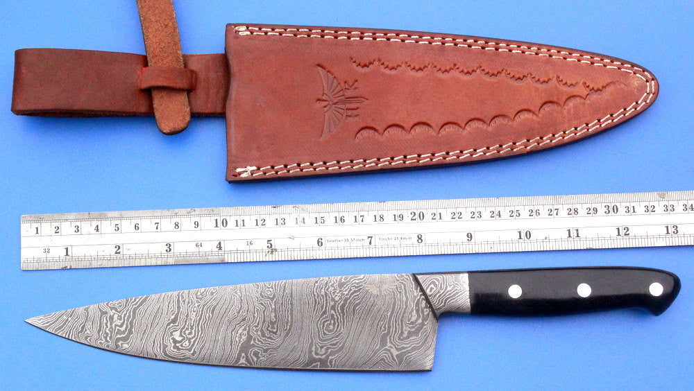 HT-62 (HTK-225) Damascus CHEF Knife / Kitchen/ Handmade / Custom / Forged / Micarta / Hand File Spine / Fighting - HomeTown Knives