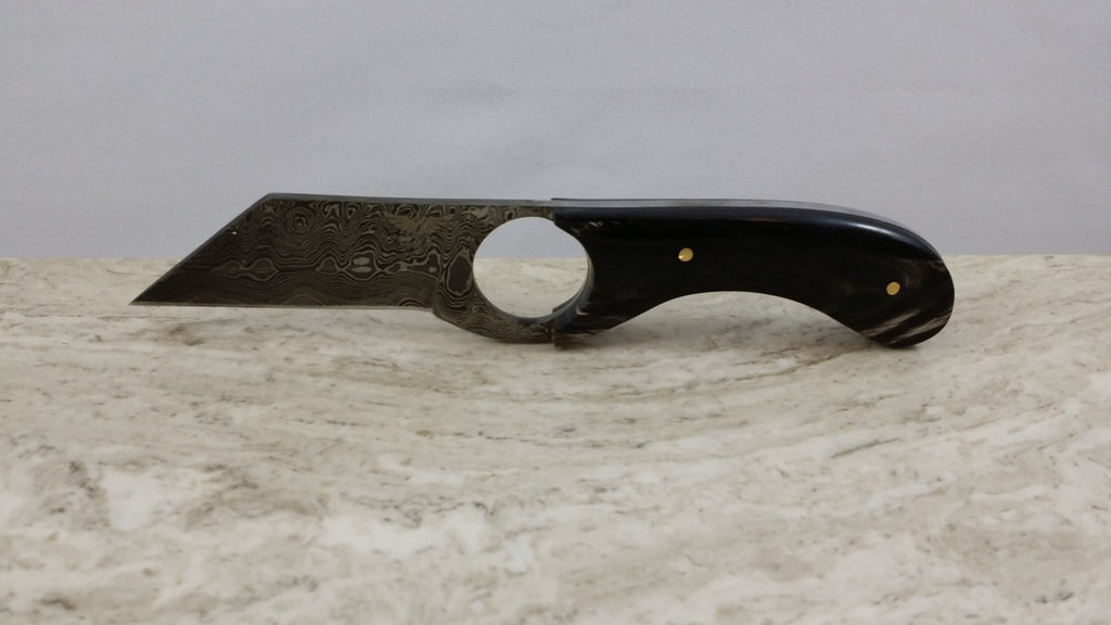 HTN-21 Damascus Knife Tool / Rev Tanto / Finger Hole / Handmade / Custom / Forged / Bull Horn - HomeTown Knives