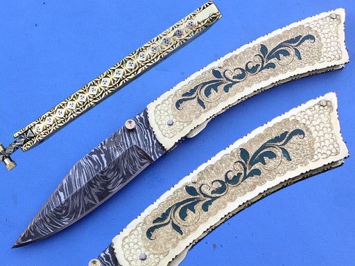 HTS-269 Engraved Brass Damascus knife  Custom Hand Made / Brass handle  / Liner Lock - HomeTown Knives