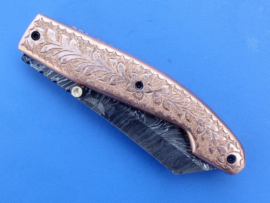 HTK -271  Damascus Knife custom handmade Folder Brass handler / Liner Lock - HomeTown Knives