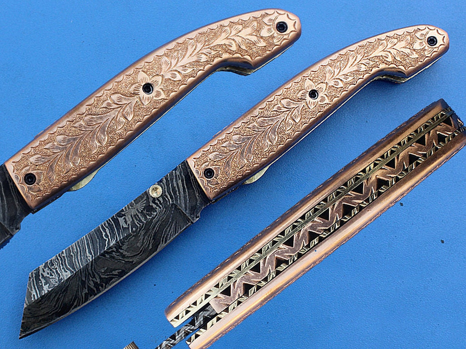 HTK -271  Damascus Knife custom handmade Folder Brass handler / Liner Lock - HomeTown Knives