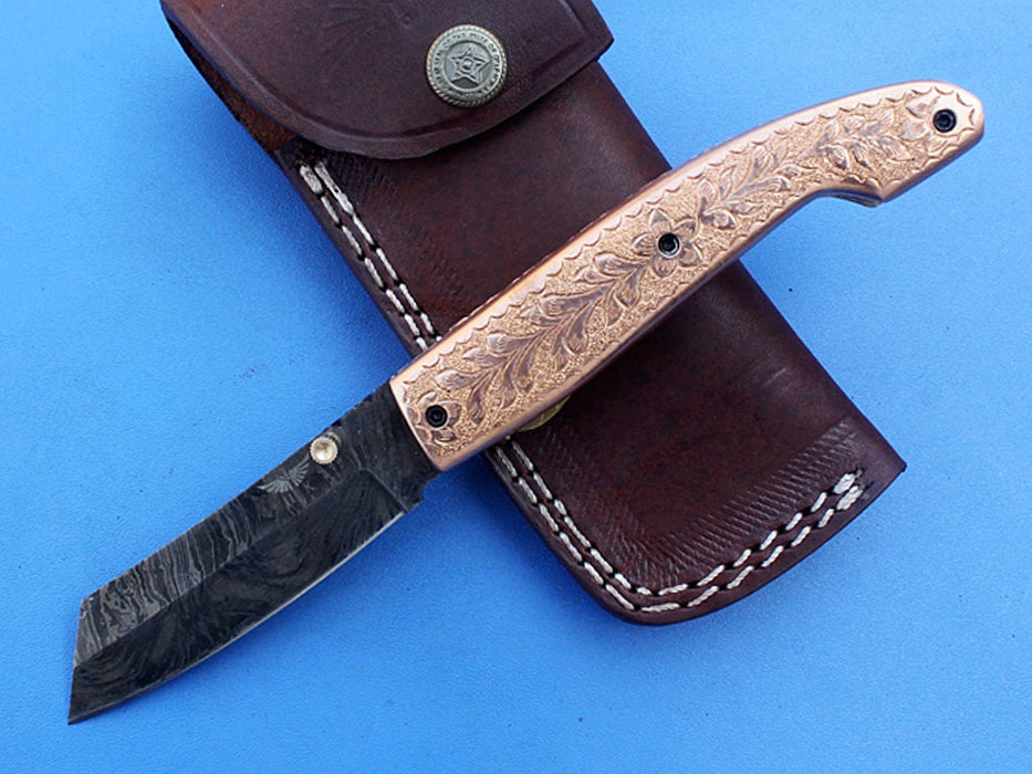 HTK -271  Damascus Knife custom handmade Folder Brass handler / Liner Lock - HomeTown Knives