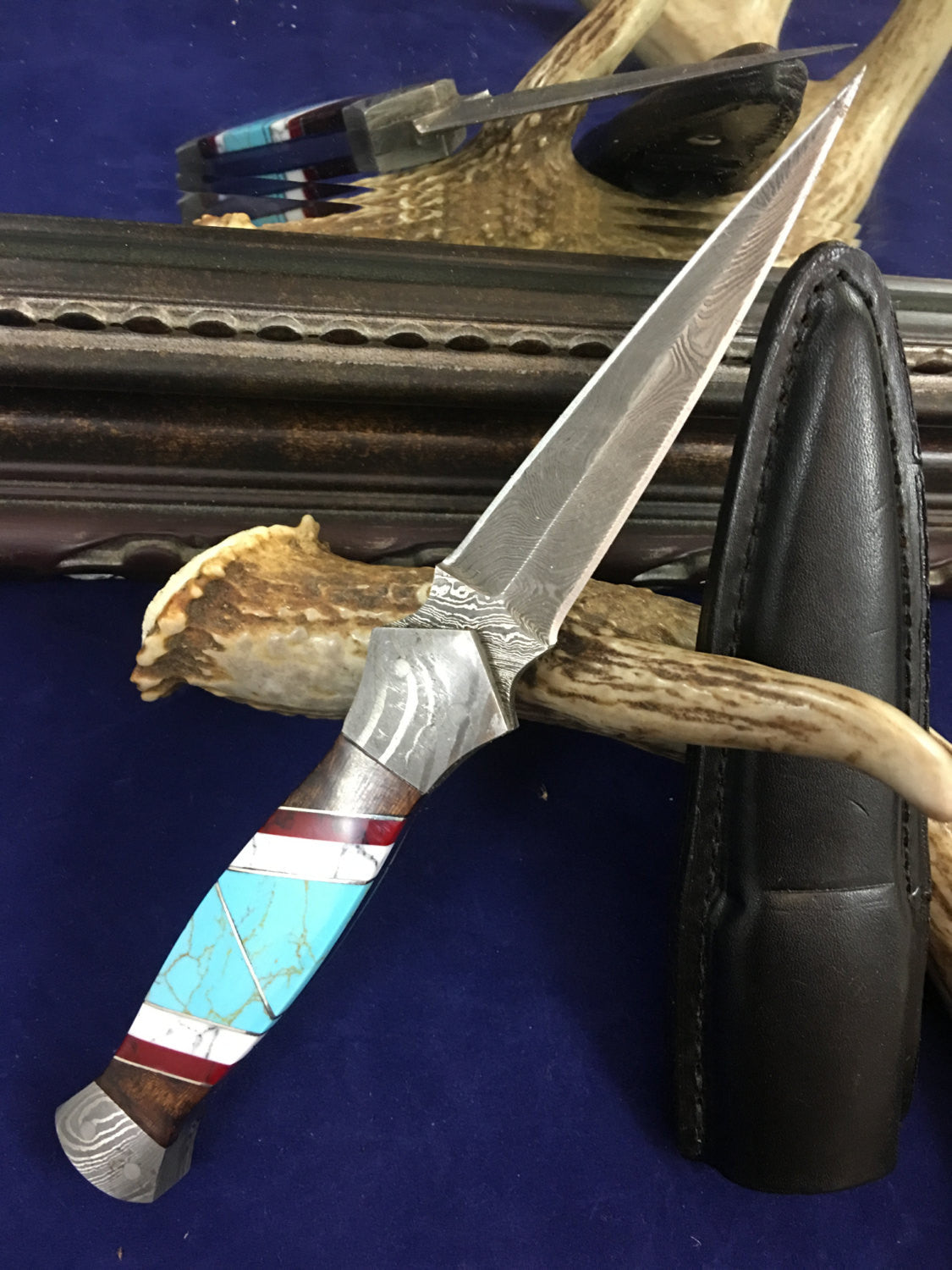 HTKVN4 Custom Handmade Damascus steel BOOT Knife/ Dagger Knife / Turquoise Stone + Walnut + Camel Bone Handle / EXCLUSIVE - HomeTown Knives